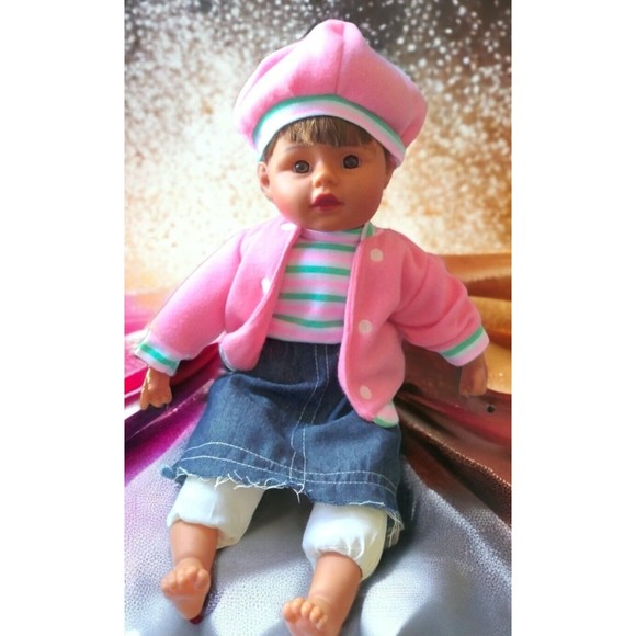 Excite USA Baby Doll Girl W Pink Coat Hat Denim Skirt 16" Soft Body Plastic Face - Picture 1 of 9